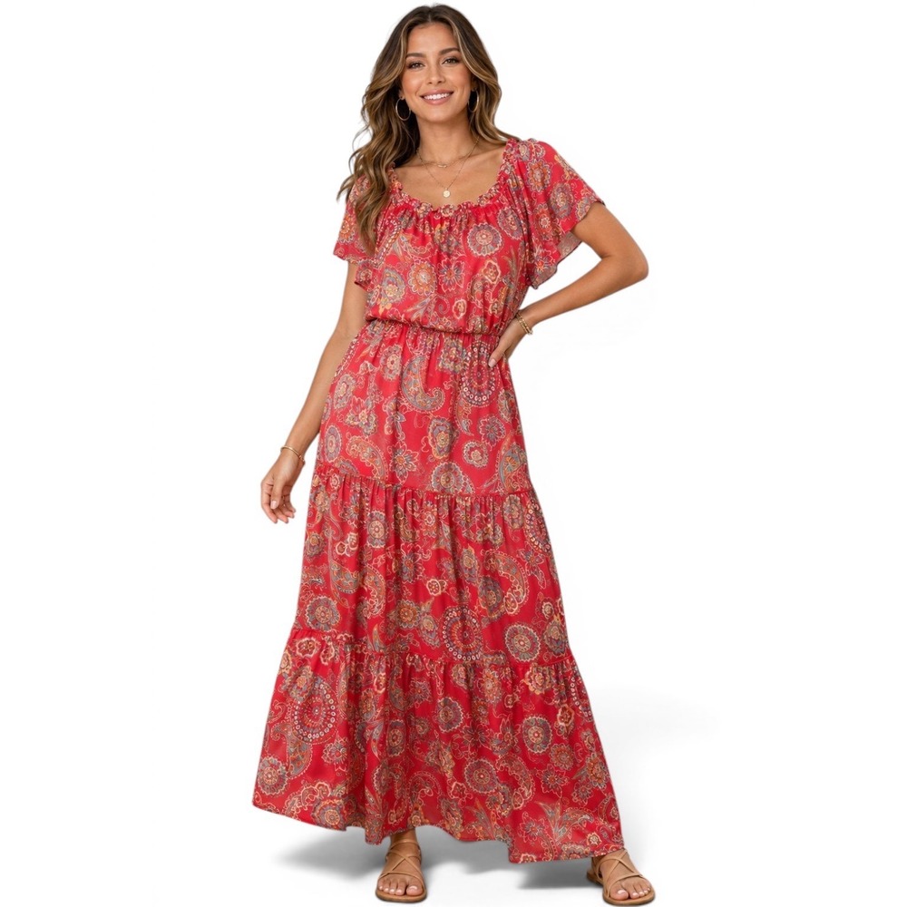 Rabbit Rabbit Rabbit Red Paisley Maxi Dress Boho Tiered Plus‎ 16W